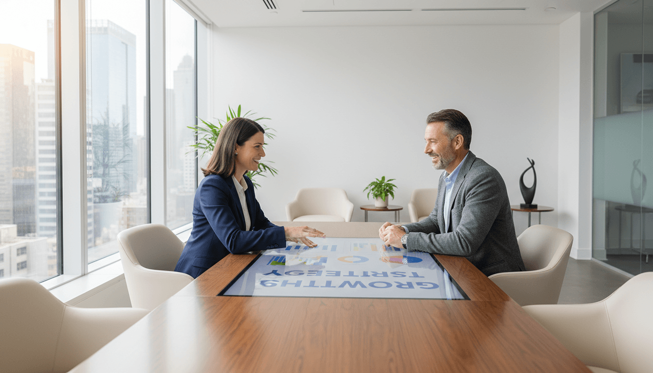 Conseiller financier discutant avec un client dans un bureau moderne et lumineux