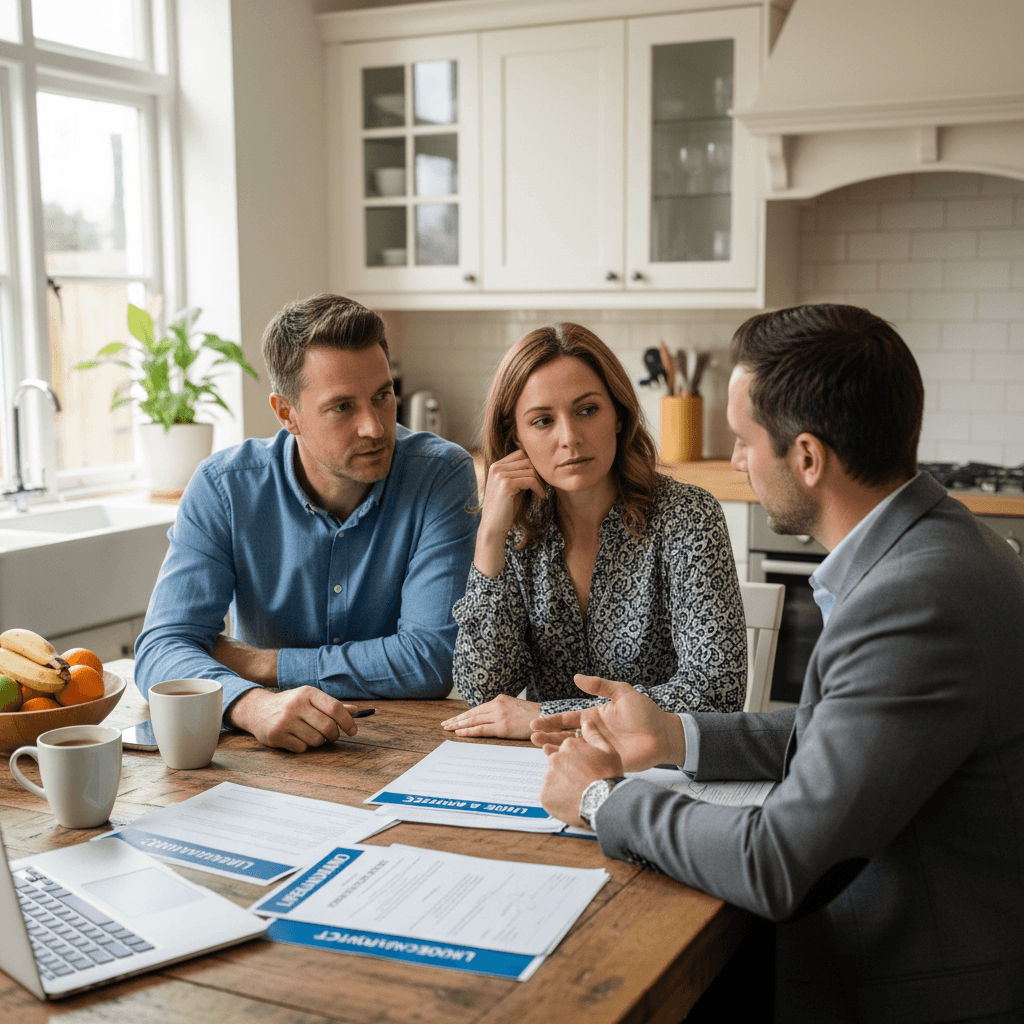 Couple discutant de documents d'assurance avec un conseiller à la table de la cuisine