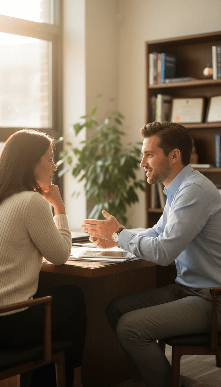 Conseiller certifié AMF en rencontre avec un client dans un bureau au Québec