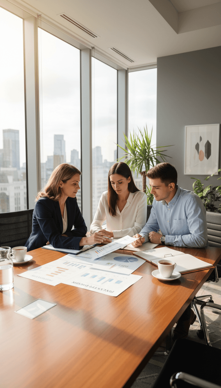 Conseiller financier assis avec un couple dans un bureau clair, consultant des documents ensemble