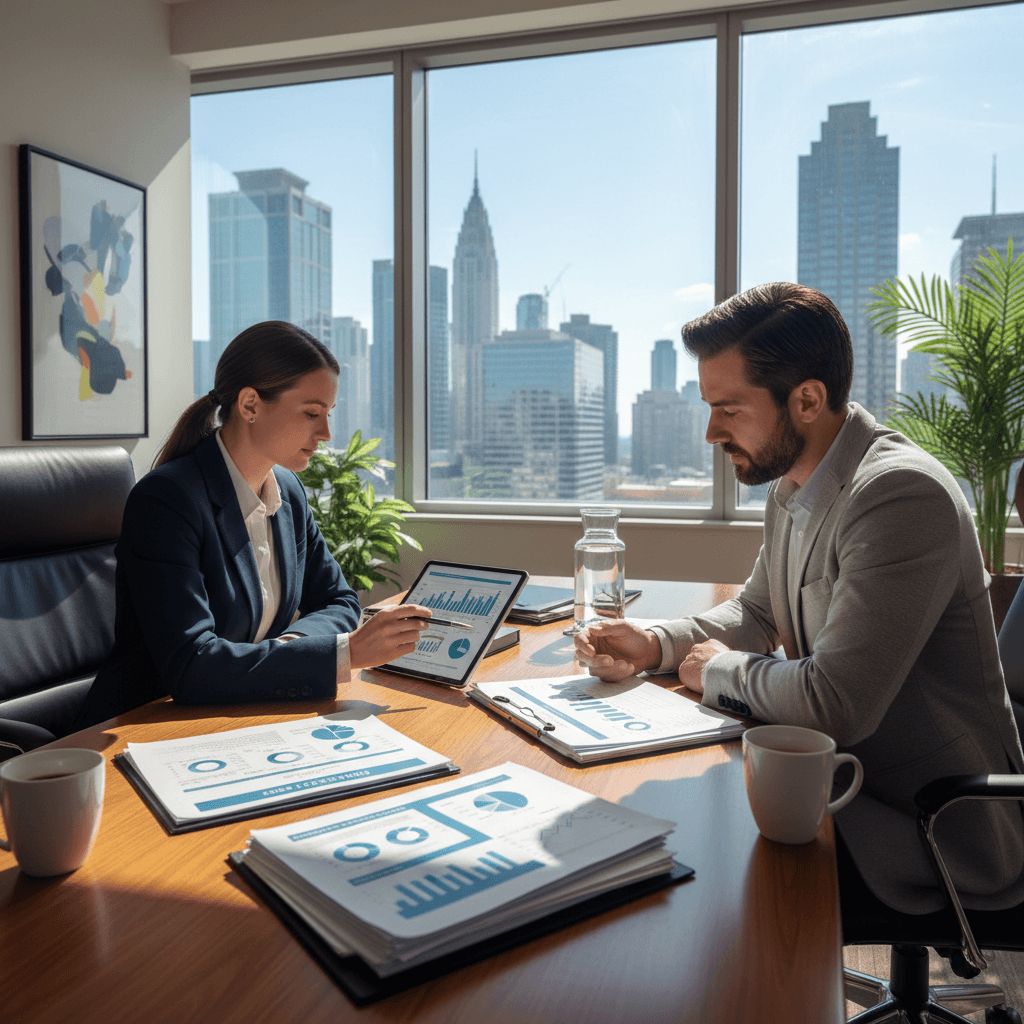Conseiller financier qui révise des documents de portefeuille avec un client dans un bureau lumineux