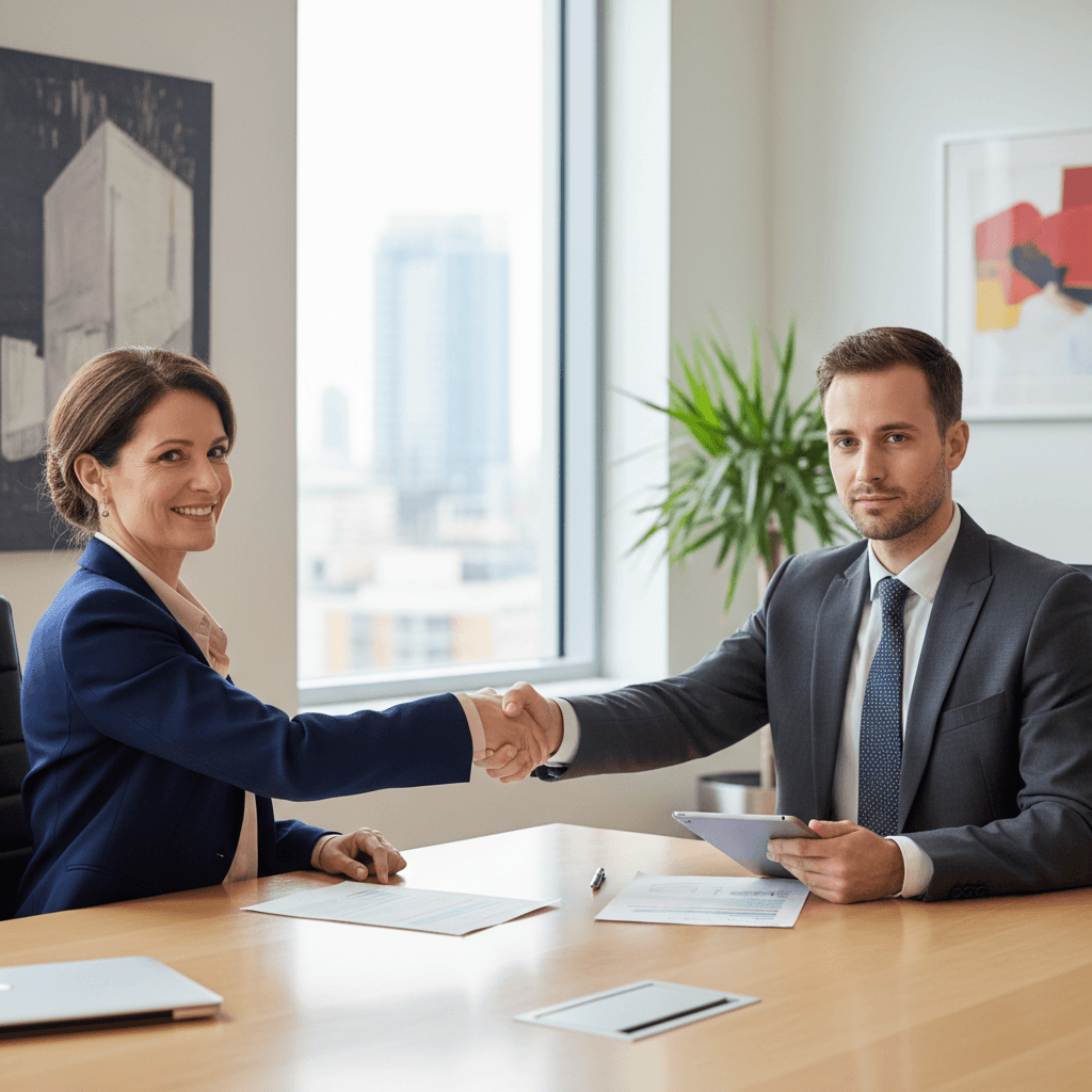 Entrepreneur serrant la main d'un conseiller financier dans un bureau moderne