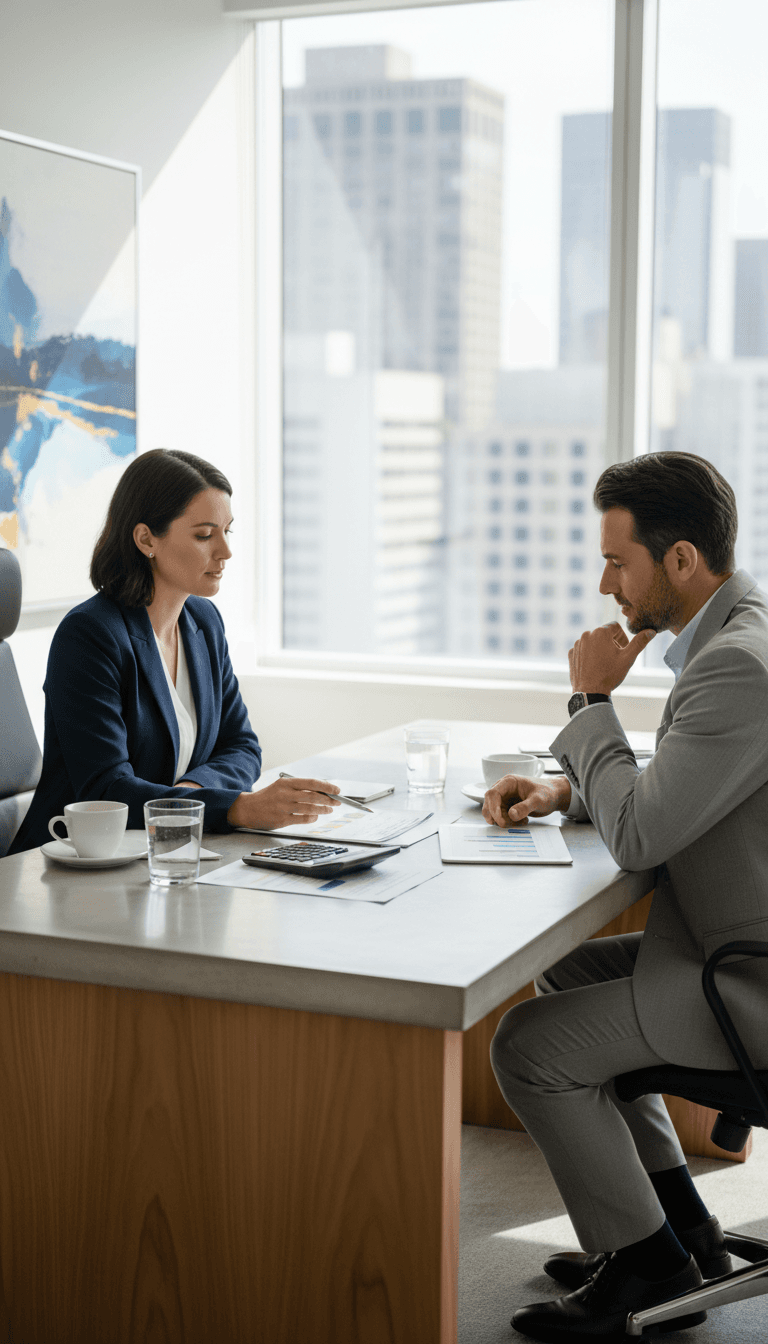 Conseiller financier présentant une soumission d'assurance à un client à Québec