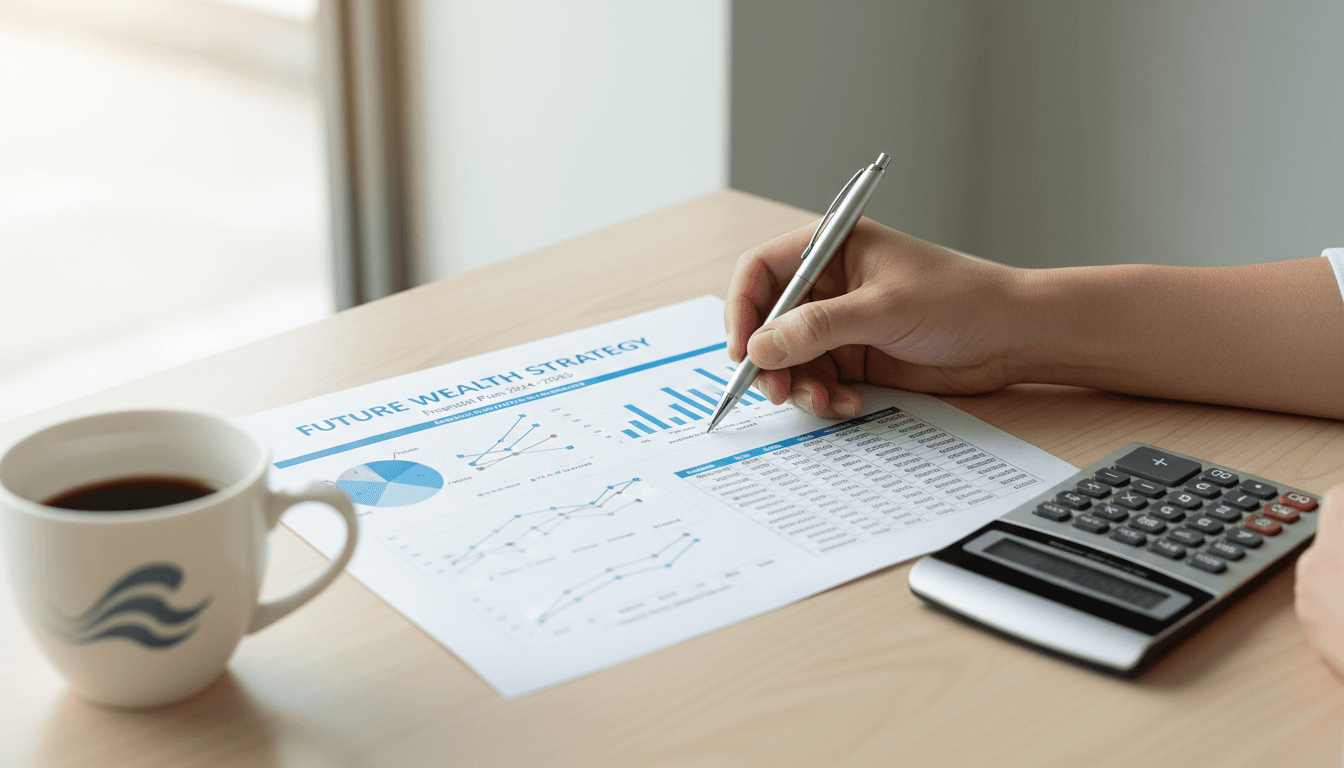 Printed financial plan with pen and calculator on a desk
