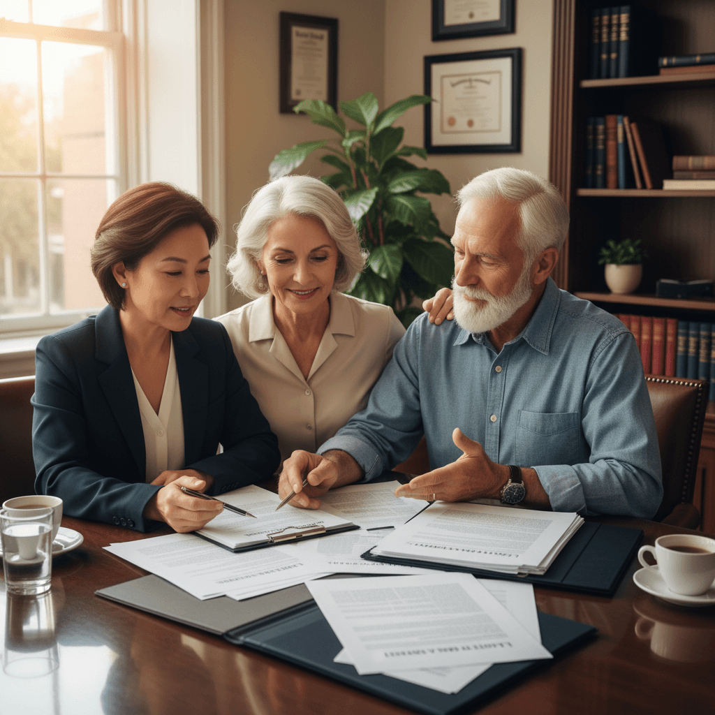 Couple âgé révisant des documents de planification successorale avec un conseiller professionnel
