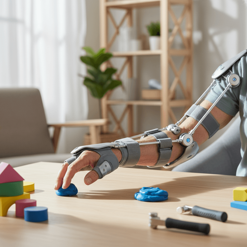 Elderly patient wearing robotic exoskeleton on hand performing fine motor therapy exercises with tabletop objects in home environment