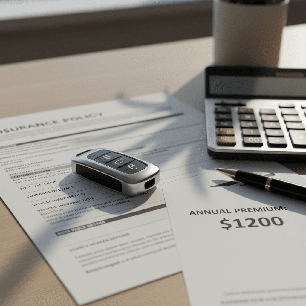 Car key placed on insurance policy document with calculator and pen nearby on desk