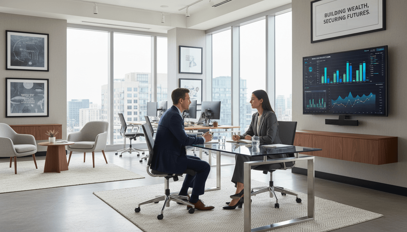 Conseiller financier discutant avec un client dans un bureau moderne et lumineux