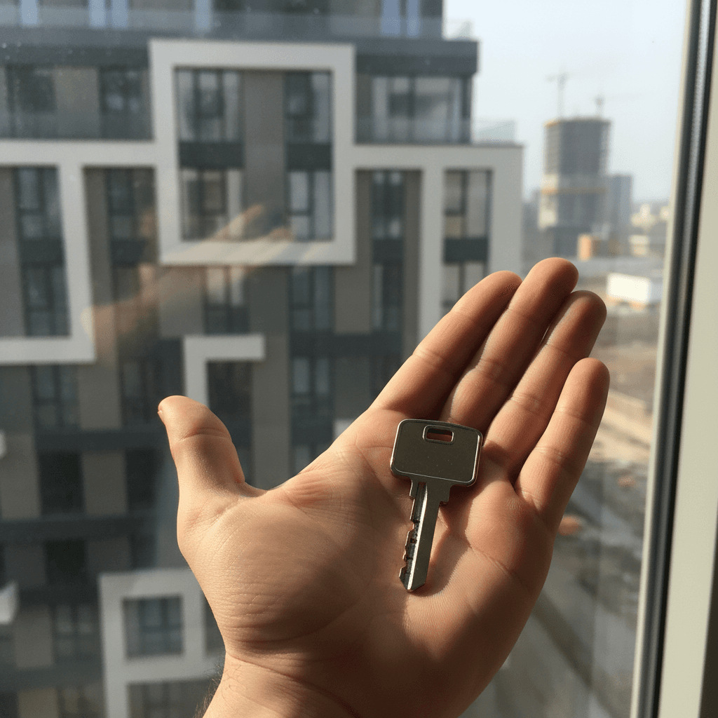 Close-up of new house key held in hand with modern urban residential building softly visible in background
