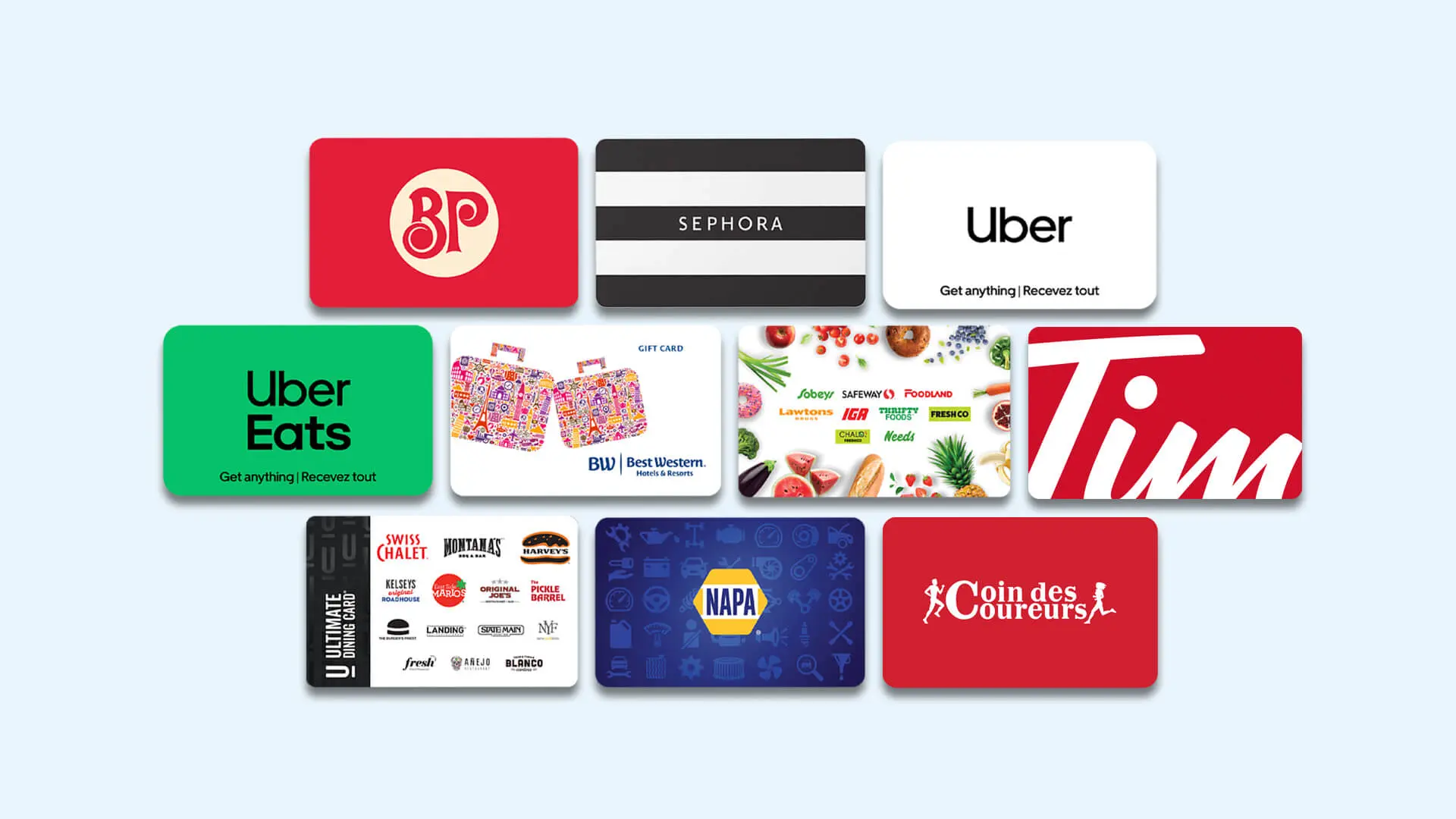 Assortment of gift cards from various brands like Uber, Sephora, Tim Hortons, and NAPA.